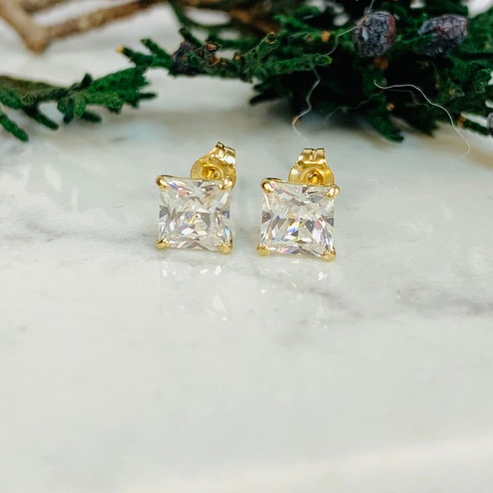 Cz Square Stud Earrings 10k Solid Yellow Gold For… - image 5